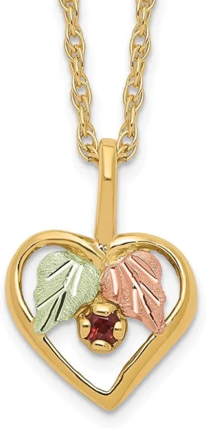 10k Yellow Black Hills Gold Garnet Heart January Birthstone Necklace with 12k Green and Rose Black Hills Gold Accents with Jewelry Gift Box for Special Occasions 18 Inches