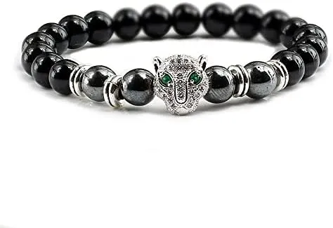12 Style Bracelet Men Black Lava Healing Balance Beads Reiki Buddha Prayer Natural Stone Yoga Bracelet For Women Leopard Head BR2G8 (Black Light-S 3)