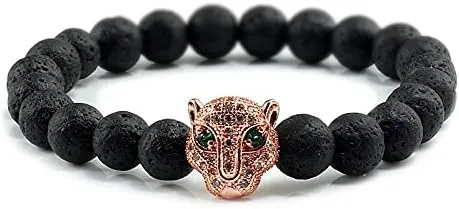 12 Style Bracelet Men Black Lava Healing Balance Beads Reiki Buddha Prayer Natural Stone Yoga Bracelet For Women Leopard Head BR2G8 (Rose color style 1)
