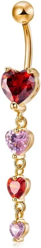14G CZ Heart Dangle Belly Button Rings for Women 18K Gold Plated Stainless Steel Long Dangling Navel Ring 3/8" 10mm Curved Barbell Dainty Body Piercing Jewelry