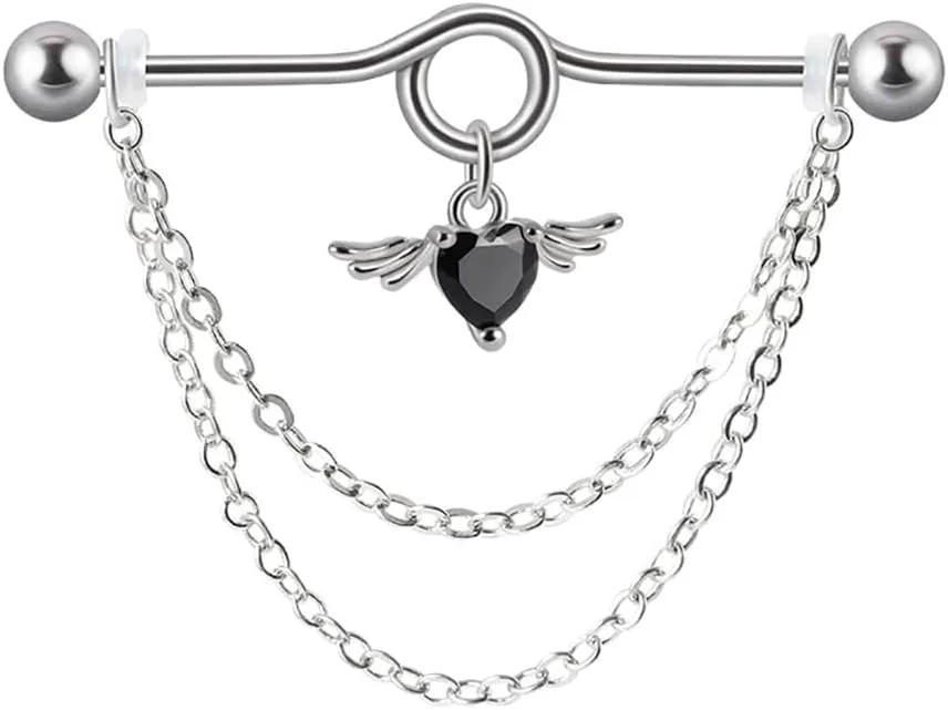 14G Heart Chain Dangle Industrial Barbell Earrings Stainless Steel Industrial Piercing Jewelry 38mm Conch Helix Cartilage Industrial Bar for Women