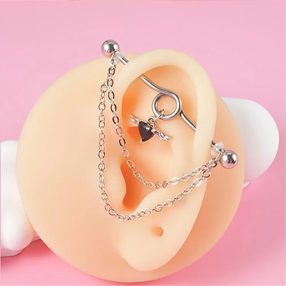 14G Heart Chain Dangle Industrial Barbell Earrings Stainless Steel Industrial Piercing Jewelry 38mm Conch Helix Cartilage Industrial Bar for Women