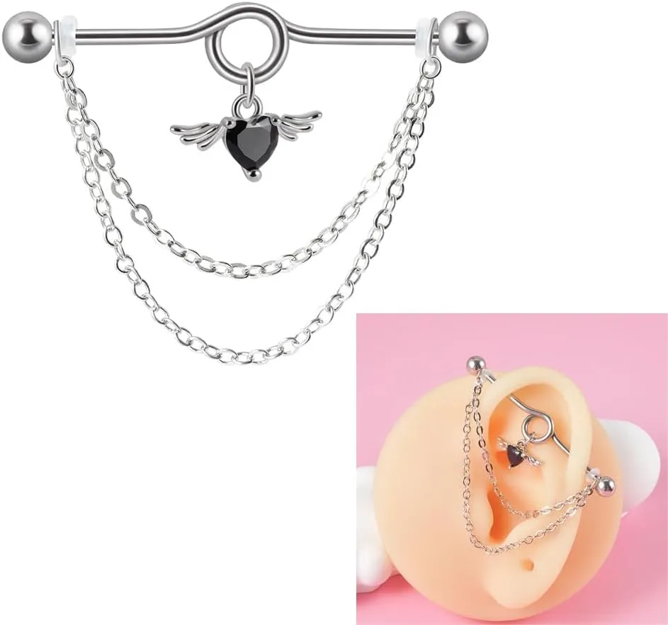 14G Heart Chain Dangle Industrial Barbell Earrings Stainless Steel Industrial Piercing Jewelry 38mm Conch Helix Cartilage Industrial Bar for Women