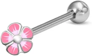 14G Pink Flower Tongue Rings for Women Surgical Stainless Steel Cute Tongue Piercings Barbell Internal Thread Tongue Studs Hypoallergenic Body Piercing Jewelry