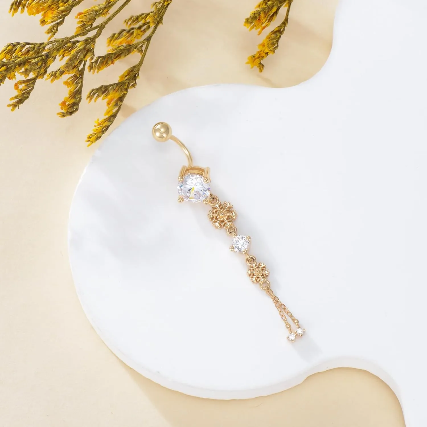 14K Gold Belly Button Rings for Women 14G Snowflake/Infinity Dangle Navel Ring CZ Piercing Jewelry Gift for Her