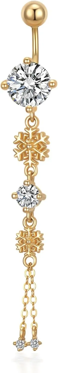 14K Gold Belly Button Rings for Women 14G Snowflake/Infinity Dangle Navel Ring CZ Piercing Jewelry Gift for Her
