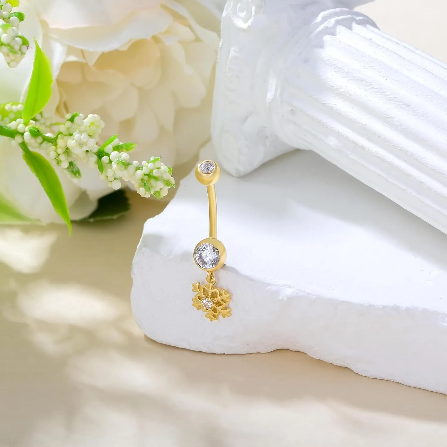 14K Gold Belly Button Rings for Women 14G Snowflake/Infinity Dangle Navel Ring CZ Piercing Jewelry Gift for Her