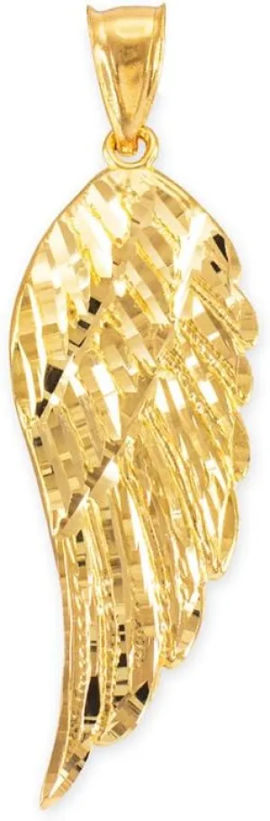 14K Gold Textured Single Angel Wing Charm Pendant - Choice of Metal