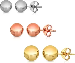 14K Solid Gold Ball Stud Earrings (3-Pair-Pack) 3MM 4MM and 5MM - Choose a Color