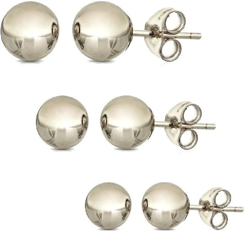 14K Solid Gold Ball Stud Earrings (3-Pair-Pack) 3MM 4MM and 5MM - Choose a Color