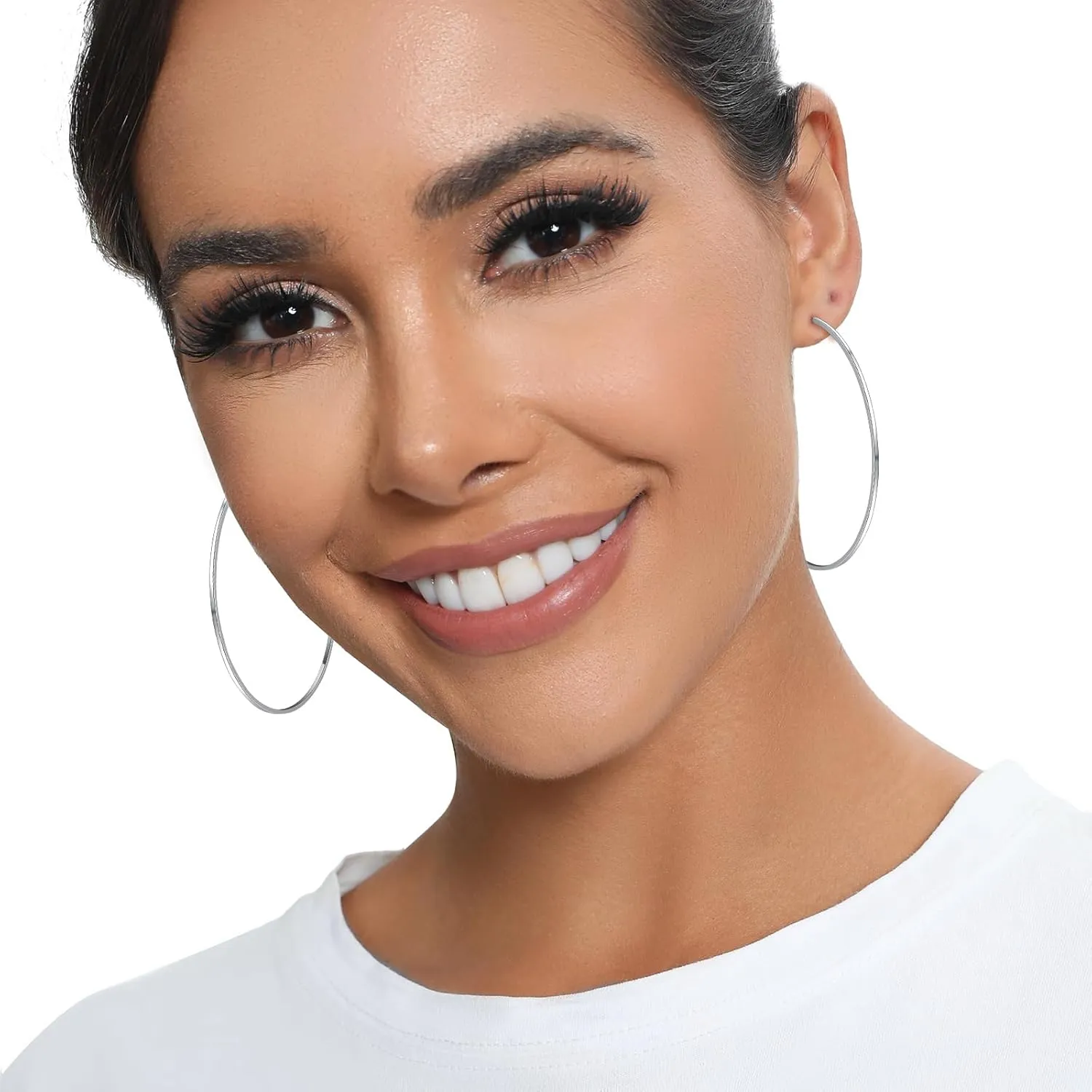 14k White Gold Plated Larg Hoop Earrings - Big Hoop Earrings Set Hypoallergenic Sterling Silver Post Hoop Earrings Lightweight Thin Silver Hoop Earrings for Women 30/40/50/60/70MM