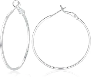 14k White Gold Plated Larg Hoop Earrings - Big Hoop Earrings Set Hypoallergenic Sterling Silver Post Hoop Earrings Lightweight Thin Silver Hoop Earrings for Women 30/40/50/60/70MM
