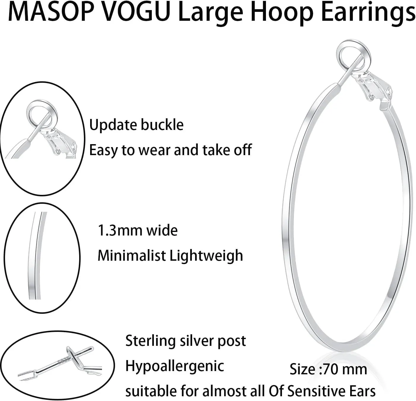 14k White Gold Plated Larg Hoop Earrings - Big Hoop Earrings Set Hypoallergenic Sterling Silver Post Hoop Earrings Lightweight Thin Silver Hoop Earrings for Women 30/40/50/60/70MM