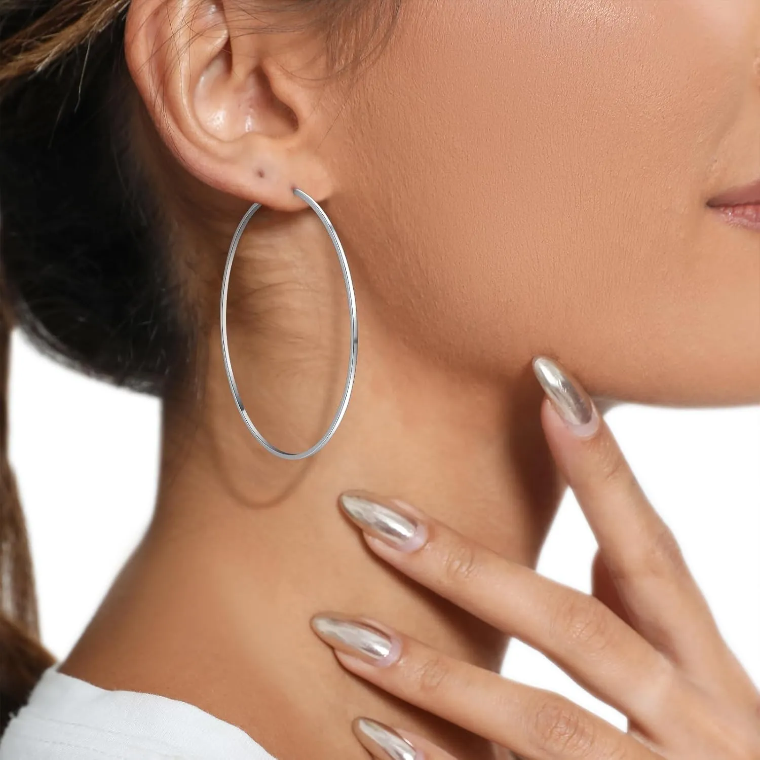 14k White Gold Plated Larg Hoop Earrings - Big Hoop Earrings Set Hypoallergenic Sterling Silver Post Hoop Earrings Lightweight Thin Silver Hoop Earrings for Women 30/40/50/60/70MM