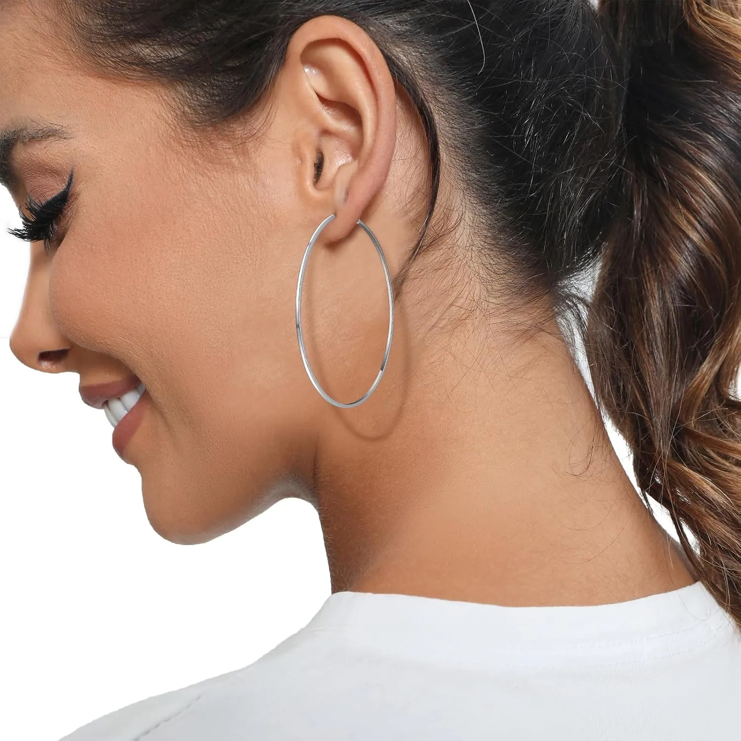 14k White Gold Plated Larg Hoop Earrings - Big Hoop Earrings Set Hypoallergenic Sterling Silver Post Hoop Earrings Lightweight Thin Silver Hoop Earrings for Women 30/40/50/60/70MM