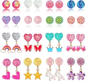 16 Pairs Girl Clip On Earrings Little Girl Princess Clip on Earrings Dress Up Pretend Play Earrings Jewelry Set for Toddlers Kids(16 Pairs)