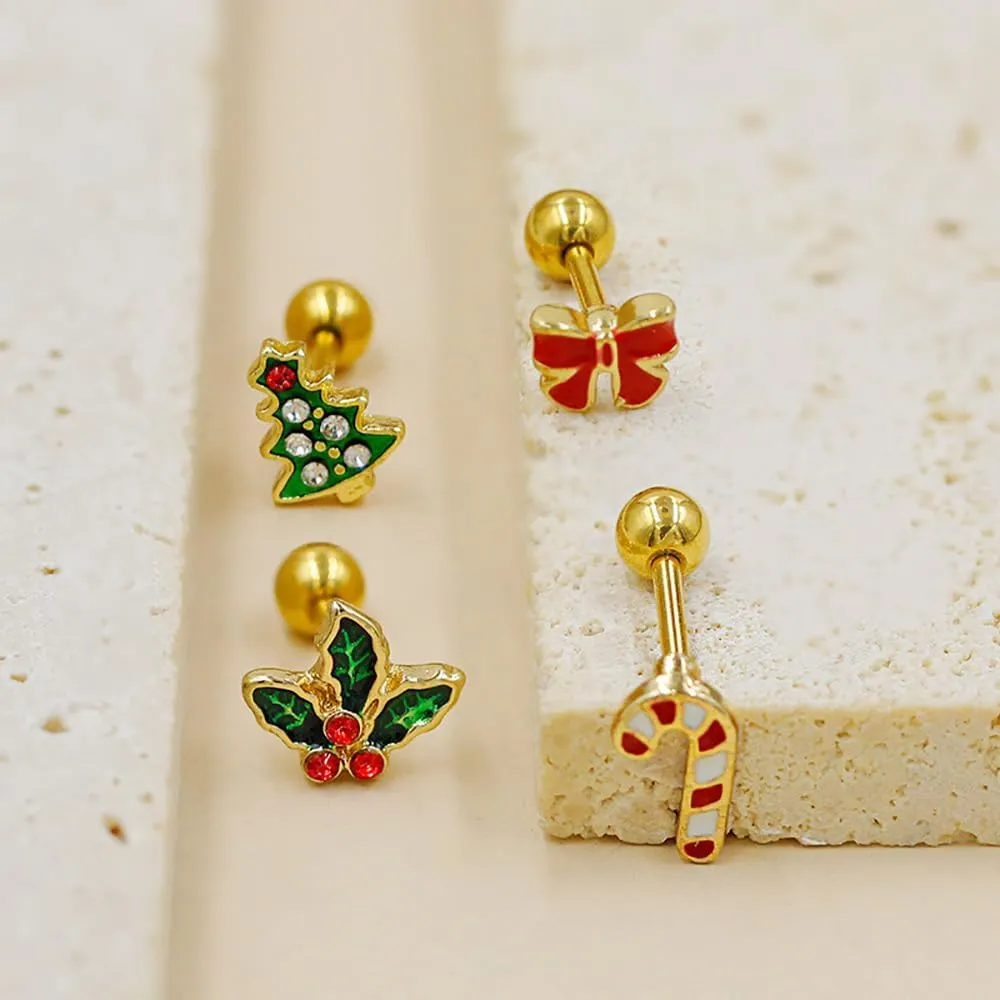 16G Christmas Themed Cartilage Stud Earrings for Women 18K Gold Plated Stainless Steel Bowknot Christmas Tree Candy Cane Screw Back Earrings Studs Xmas Body Jewelry