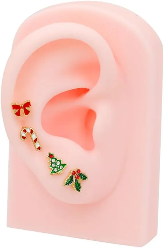 16G Christmas Themed Cartilage Stud Earrings for Women 18K Gold Plated Stainless Steel Bowknot Christmas Tree Candy Cane Screw Back Earrings Studs Xmas Body Jewelry