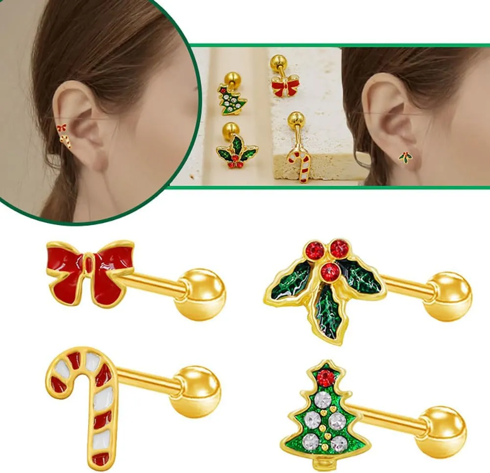 16G Christmas Themed Cartilage Stud Earrings for Women 18K Gold Plated Stainless Steel Bowknot Christmas Tree Candy Cane Screw Back Earrings Studs Xmas Body Jewelry