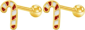 16G Christmas Themed Cartilage Stud Earrings for Women 18K Gold Plated Stainless Steel Bowknot Christmas Tree Candy Cane Screw Back Earrings Studs Xmas Body Jewelry