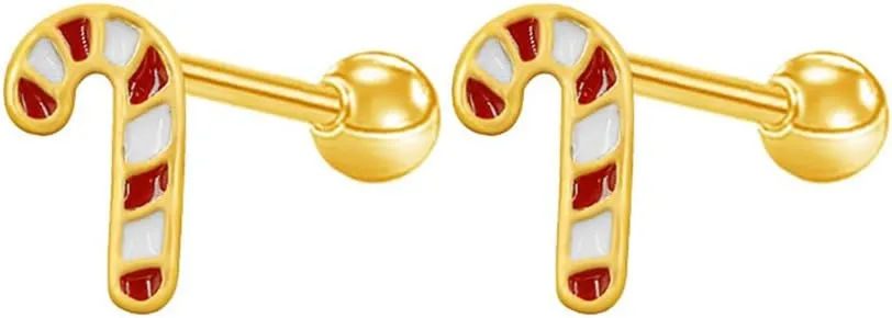 16G Christmas Themed Cartilage Stud Earrings for Women 18K Gold Plated Stainless Steel Bowknot Christmas Tree Candy Cane Screw Back Earrings Studs Xmas Body Jewelry