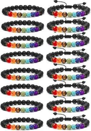 16Pcs Men Women 8mm Lava Rock 7 Chakras Aromatherapy Essential Oil Diffuser Bracelet Braided Rope Natural Stone Yoga Beads Bracelet Bangle