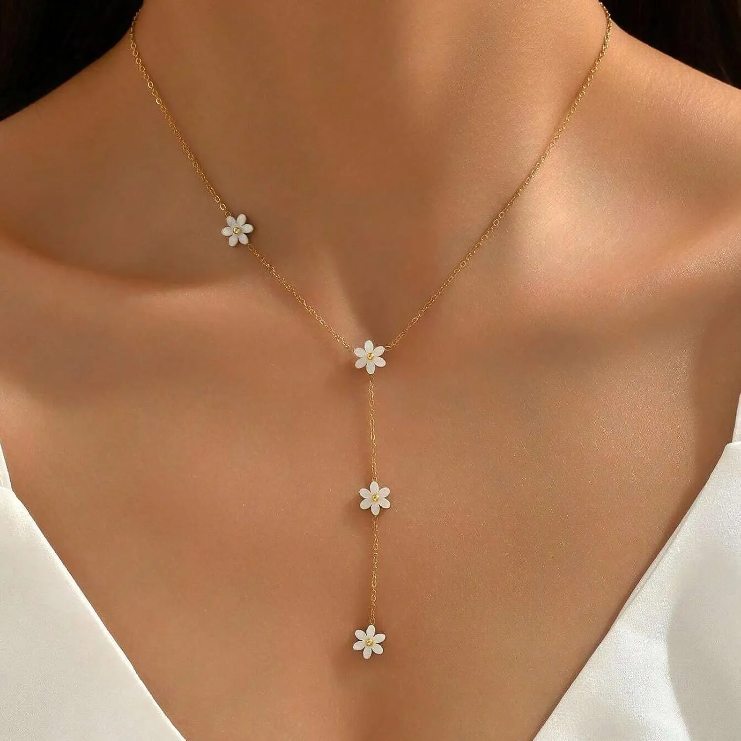 18K Gold Plated Long Lariat Necklace for Women Dainty Gold Y Shaped Pearl Beaded Cross Drop Chain Necklace Stainless Steel Simple Religious Christian Jewelry
