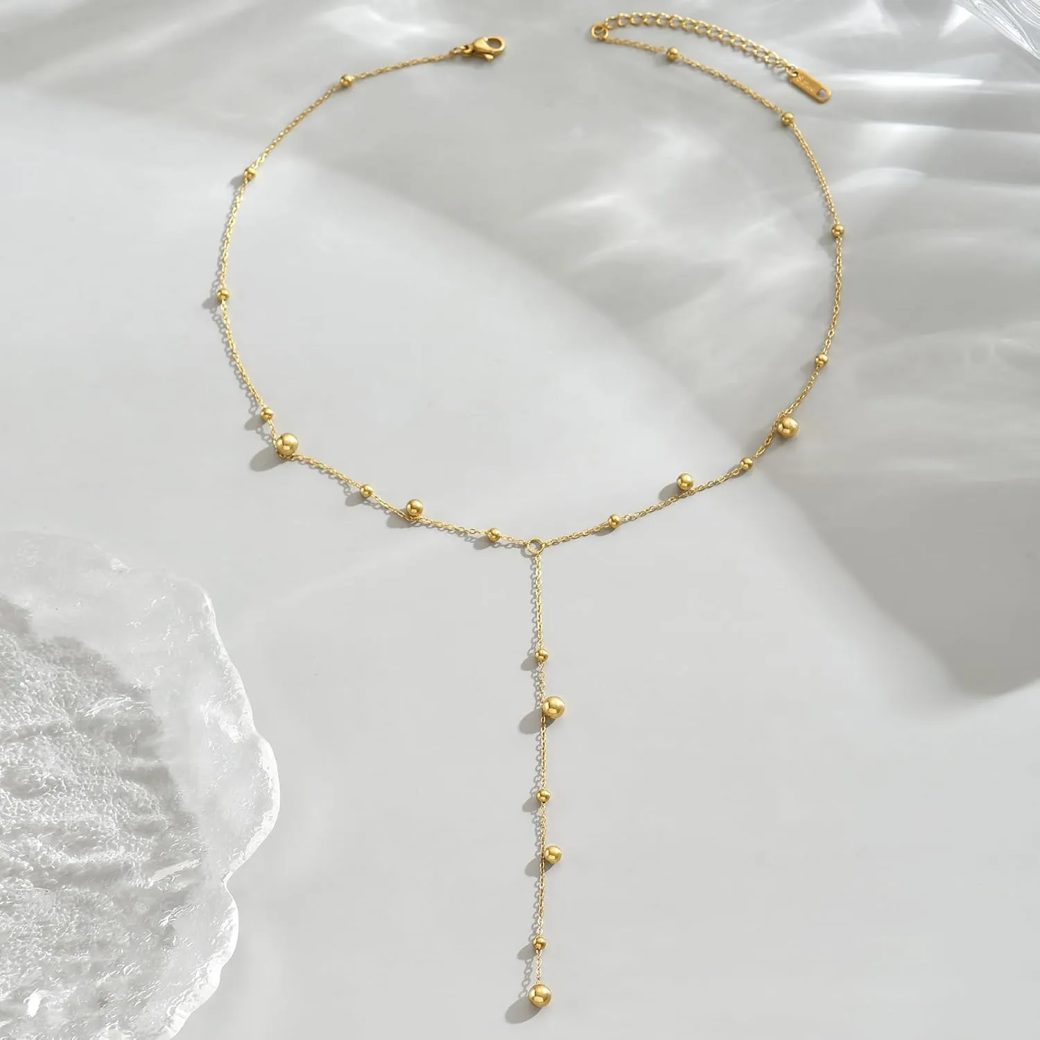 18K Gold Plated Long Lariat Necklace for Women Dainty Gold Y Shaped Pearl Beaded Cross Drop Chain Necklace Stainless Steel Simple Religious Christian Jewelry