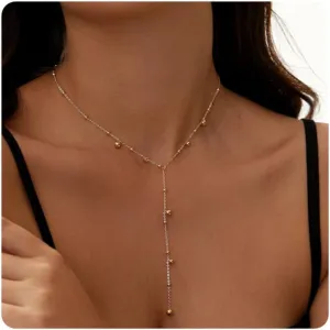 18K Gold Plated Long Lariat Necklace for Women Dainty Gold Y Shaped Pearl Beaded Cross Drop Chain Necklace Stainless Steel Simple Religious Christian Jewelry