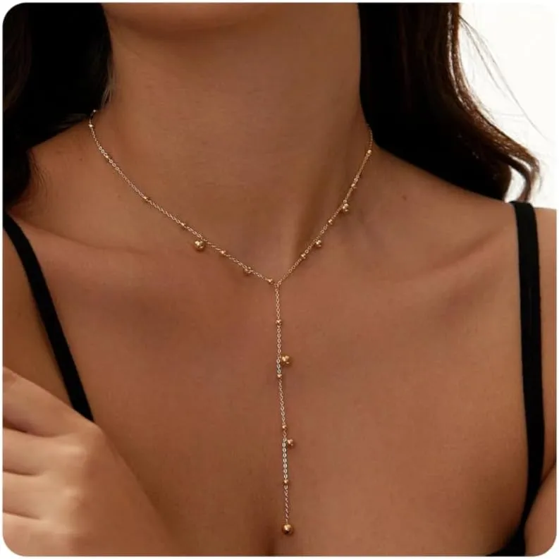 18K Gold Plated Long Lariat Necklace for Women Dainty Gold Y Shaped Pearl Beaded Cross Drop Chain Necklace Stainless Steel Simple Religious Christian Jewelry