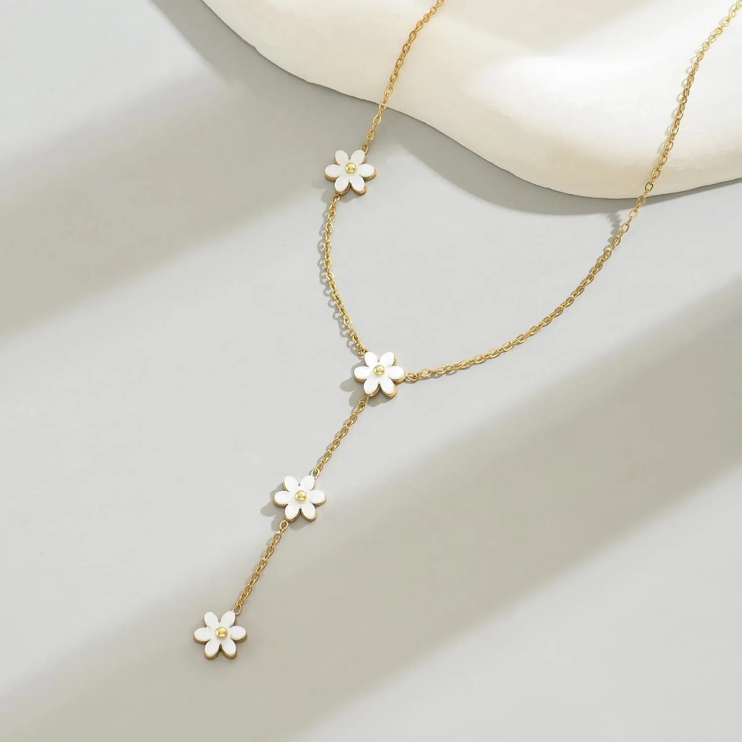 18K Gold Plated Long Lariat Necklace for Women Dainty Gold Y Shaped Pearl Beaded Cross Drop Chain Necklace Stainless Steel Simple Religious Christian Jewelry