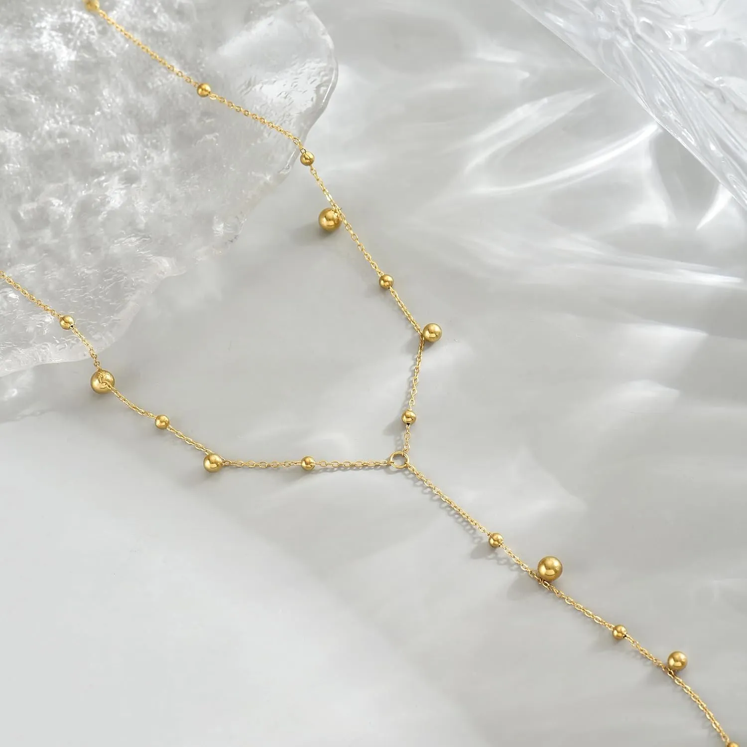 18K Gold Plated Long Lariat Necklace for Women Dainty Gold Y Shaped Pearl Beaded Cross Drop Chain Necklace Stainless Steel Simple Religious Christian Jewelry