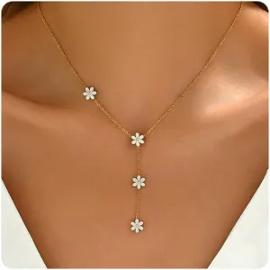 18K Gold Plated Long Lariat Necklace for Women Dainty Gold Y Shaped Pearl Beaded Cross Drop Chain Necklace Stainless Steel Simple Religious Christian Jewelry