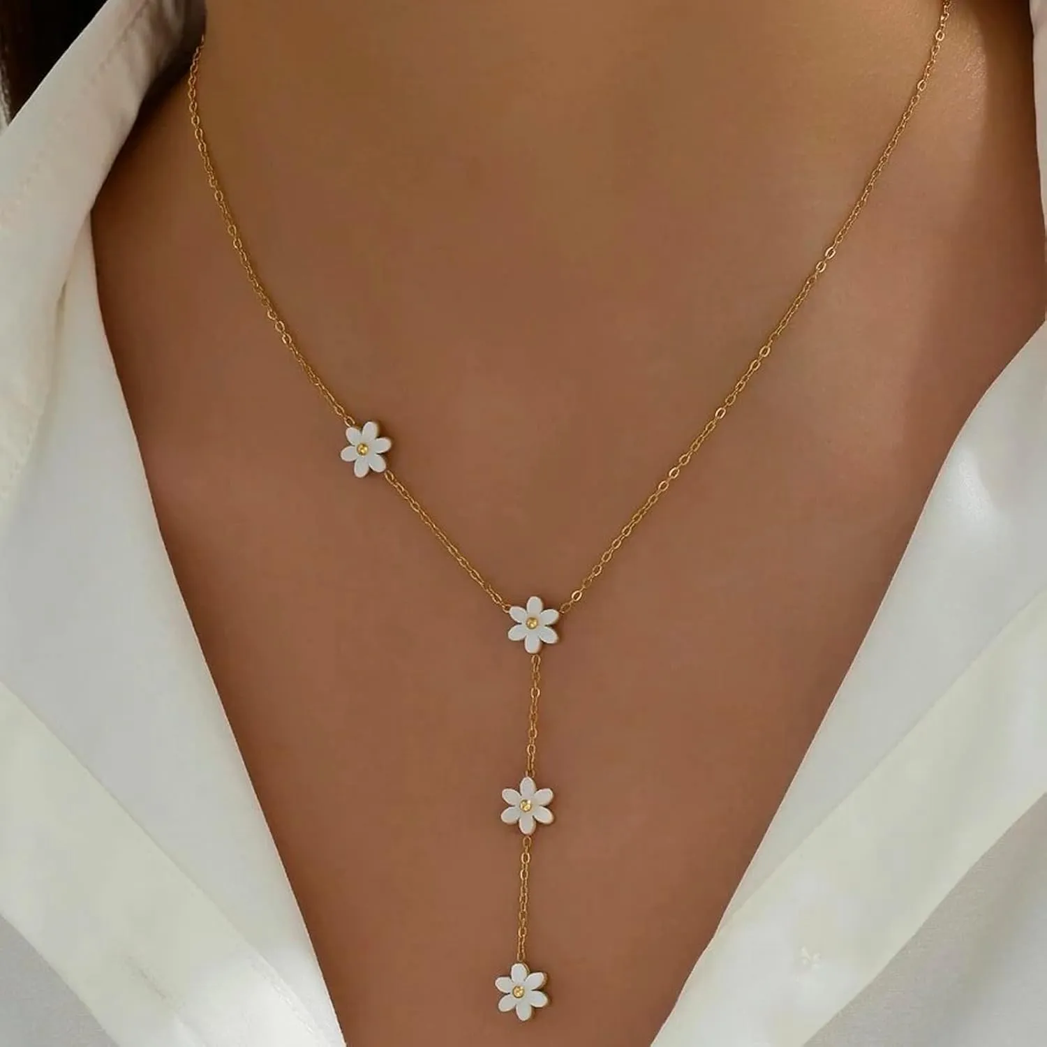 18K Gold Plated Long Lariat Necklace for Women Dainty Gold Y Shaped Pearl Beaded Cross Drop Chain Necklace Stainless Steel Simple Religious Christian Jewelry