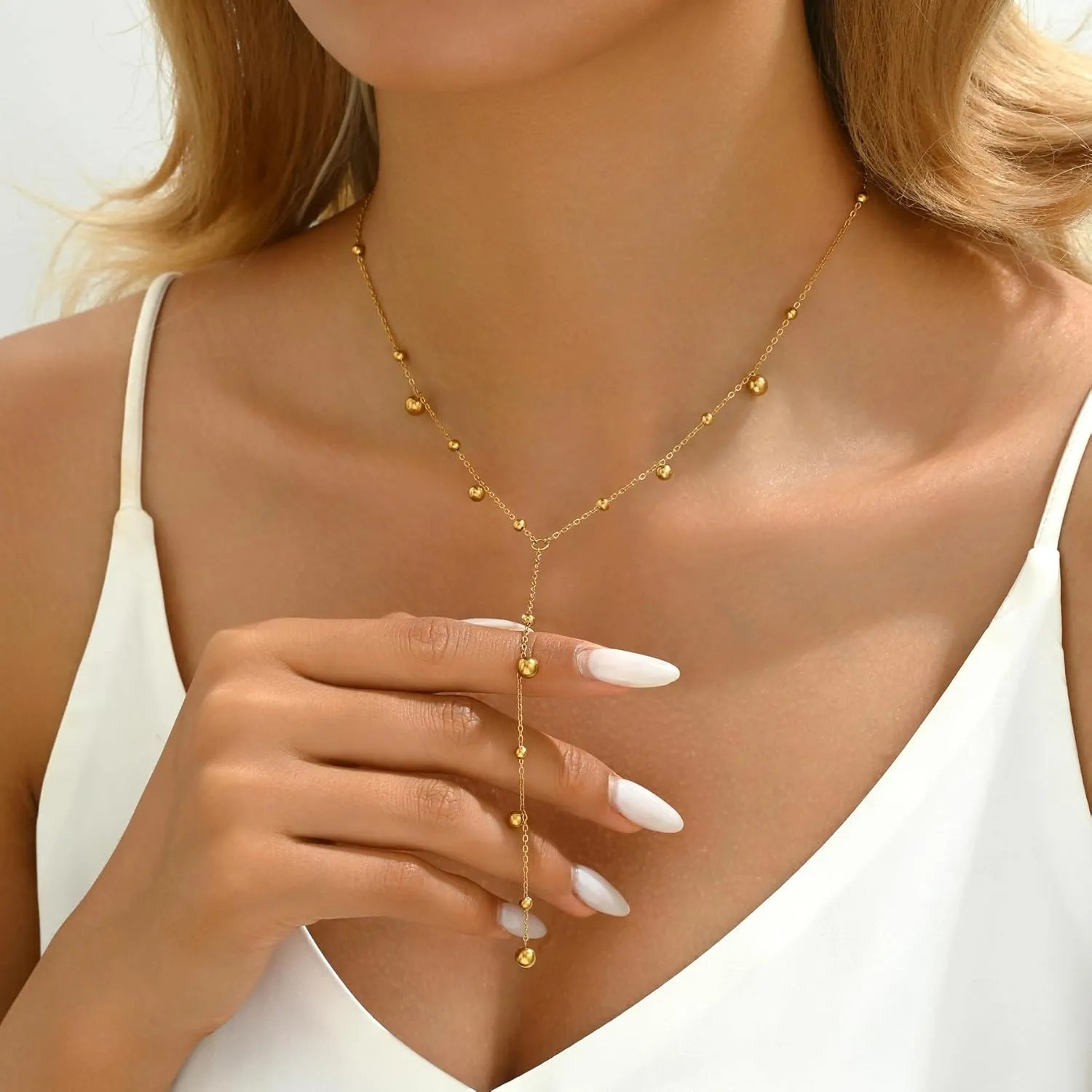 18K Gold Plated Long Lariat Necklace for Women Dainty Gold Y Shaped Pearl Beaded Cross Drop Chain Necklace Stainless Steel Simple Religious Christian Jewelry
