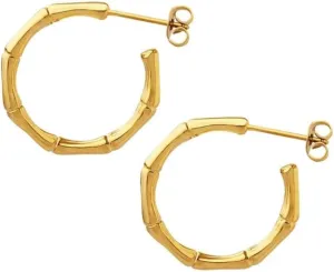 18K Karat Yellow Gold Plated over Stainless Steel Small Bamboo Textured Casual Hoop Earrings for Women Nickel Free