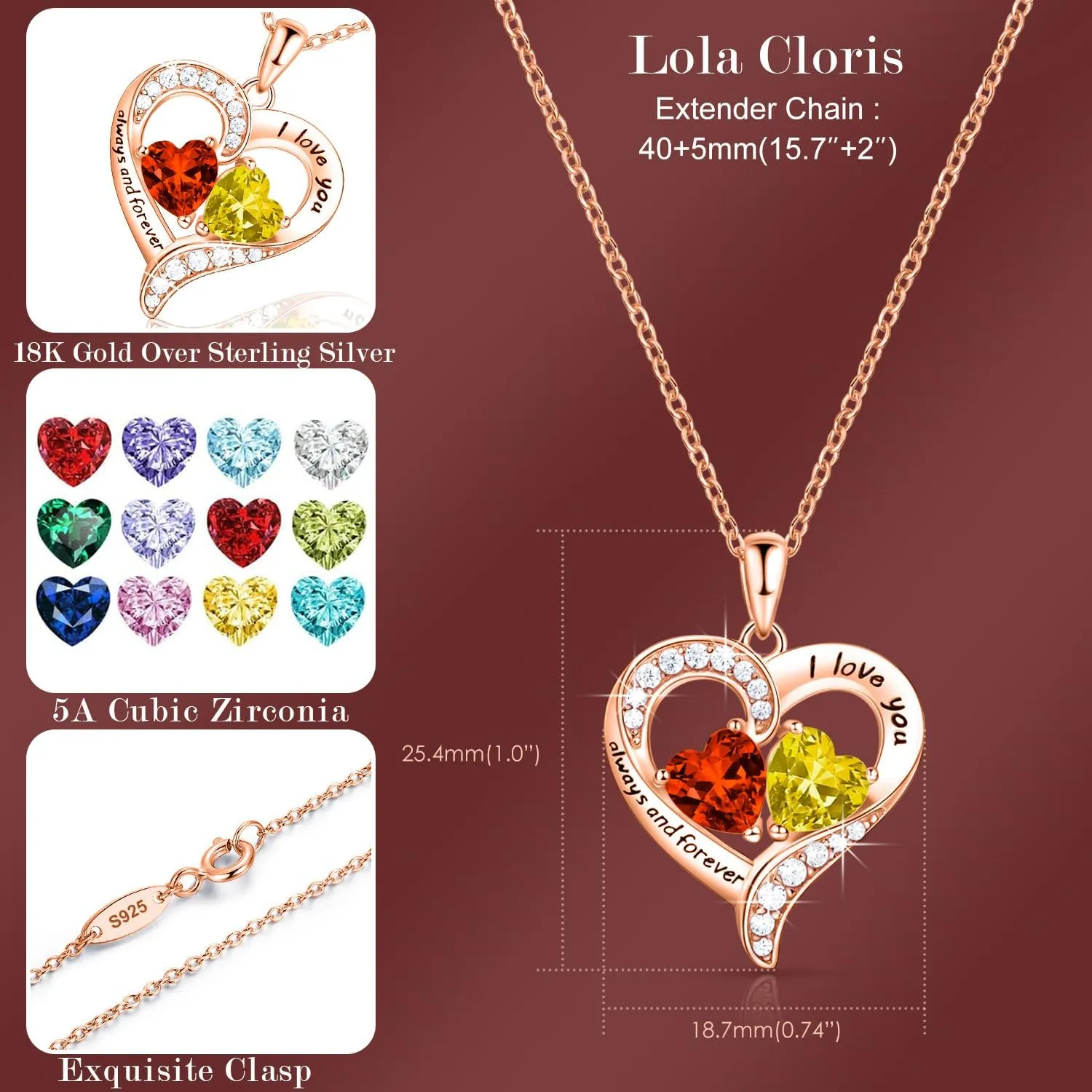 18K Rose Gold Heart Necklace, Valentine's Day Gifts, Jewelry for Women with 2 Birthstones, Customized Gifts for Mom Wife, I Love You Always and Forever, Gold, Cubic Zirconia