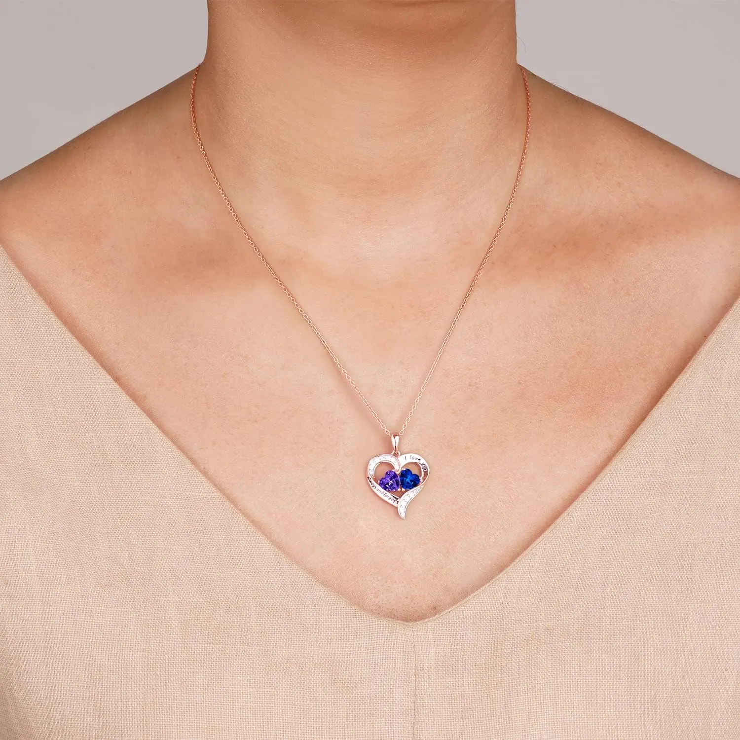 18K Rose Gold Heart Necklace, Valentine's Day Gifts, Jewelry for Women with 2 Birthstones, Customized Gifts for Mom Wife, I Love You Always and Forever, Gold, Cubic Zirconia