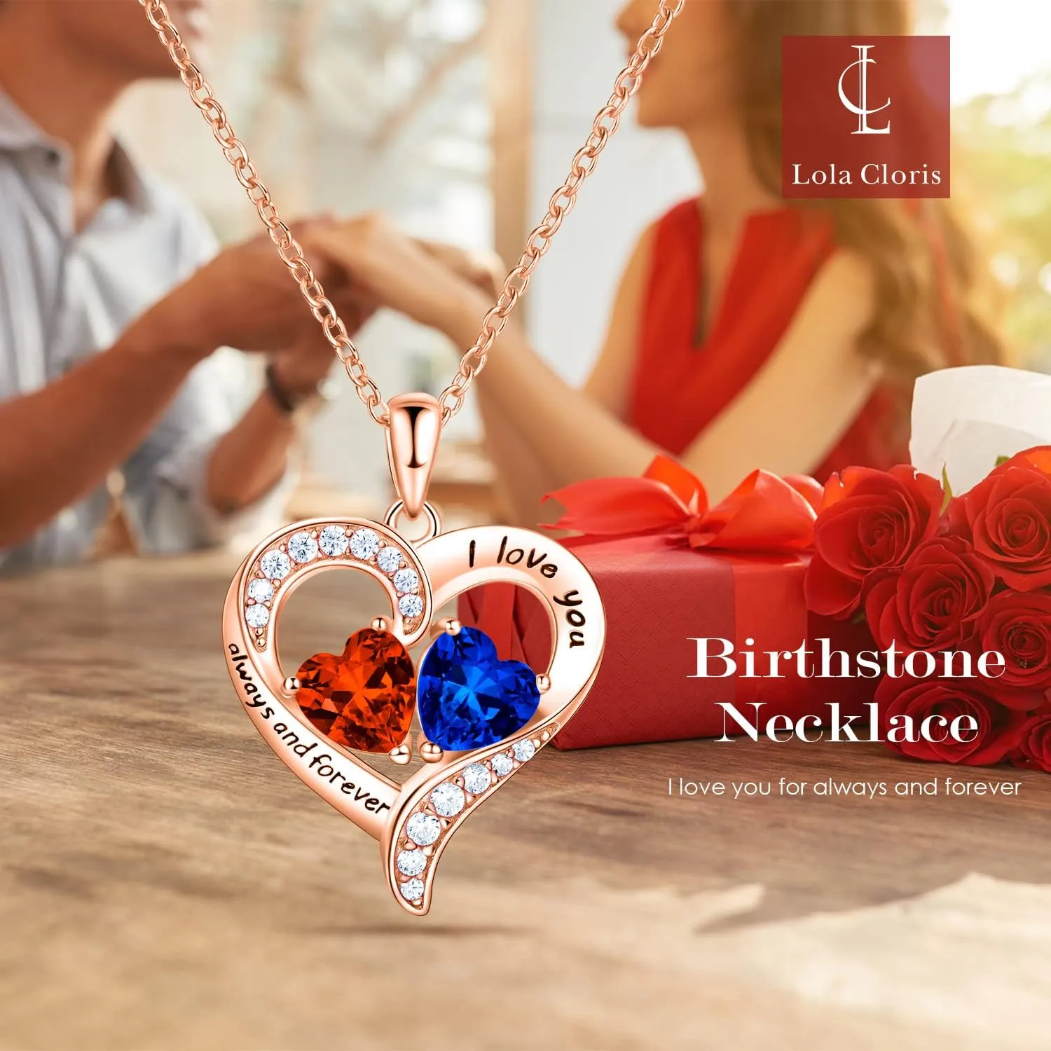 18K Rose Gold Heart Necklace, Valentine's Day Gifts, Jewelry for Women with 2 Birthstones, Customized Gifts for Mom Wife, I Love You Always and Forever, Gold, Cubic Zirconia
