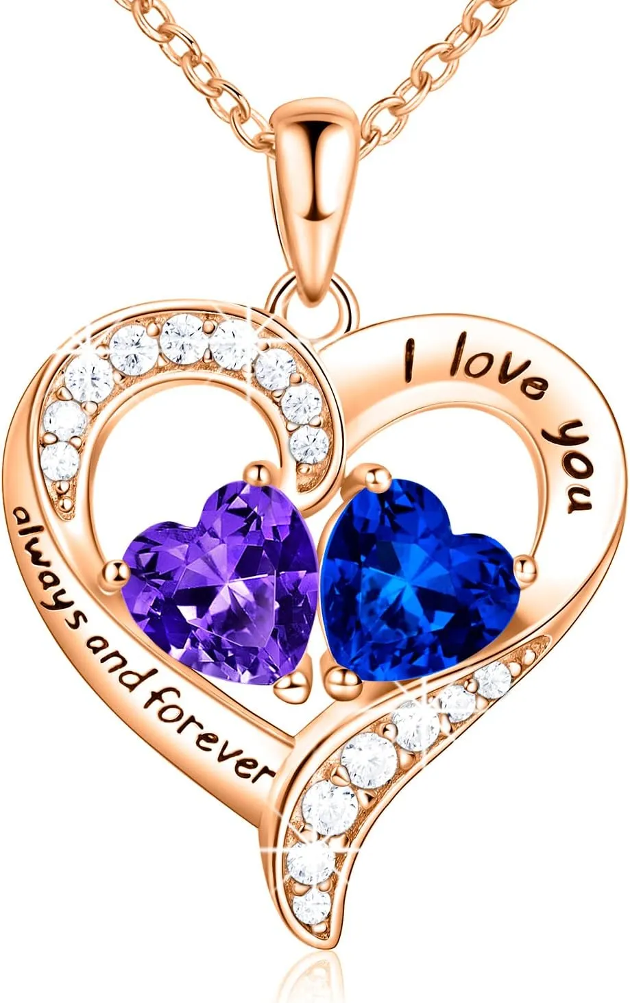 18K Rose Gold Heart Necklace, Valentine's Day Gifts, Jewelry for Women with 2 Birthstones, Customized Gifts for Mom Wife, I Love You Always and Forever, Gold, Cubic Zirconia
