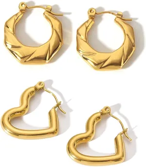 2 Pairs Gold Stainless Steel Drop Dangle Earrings Fish Hook Heart Earrings Flower Hoop Earrings for Women Teen Girls Piercing Ear Jewelry Gift for Holiday Anniversary
