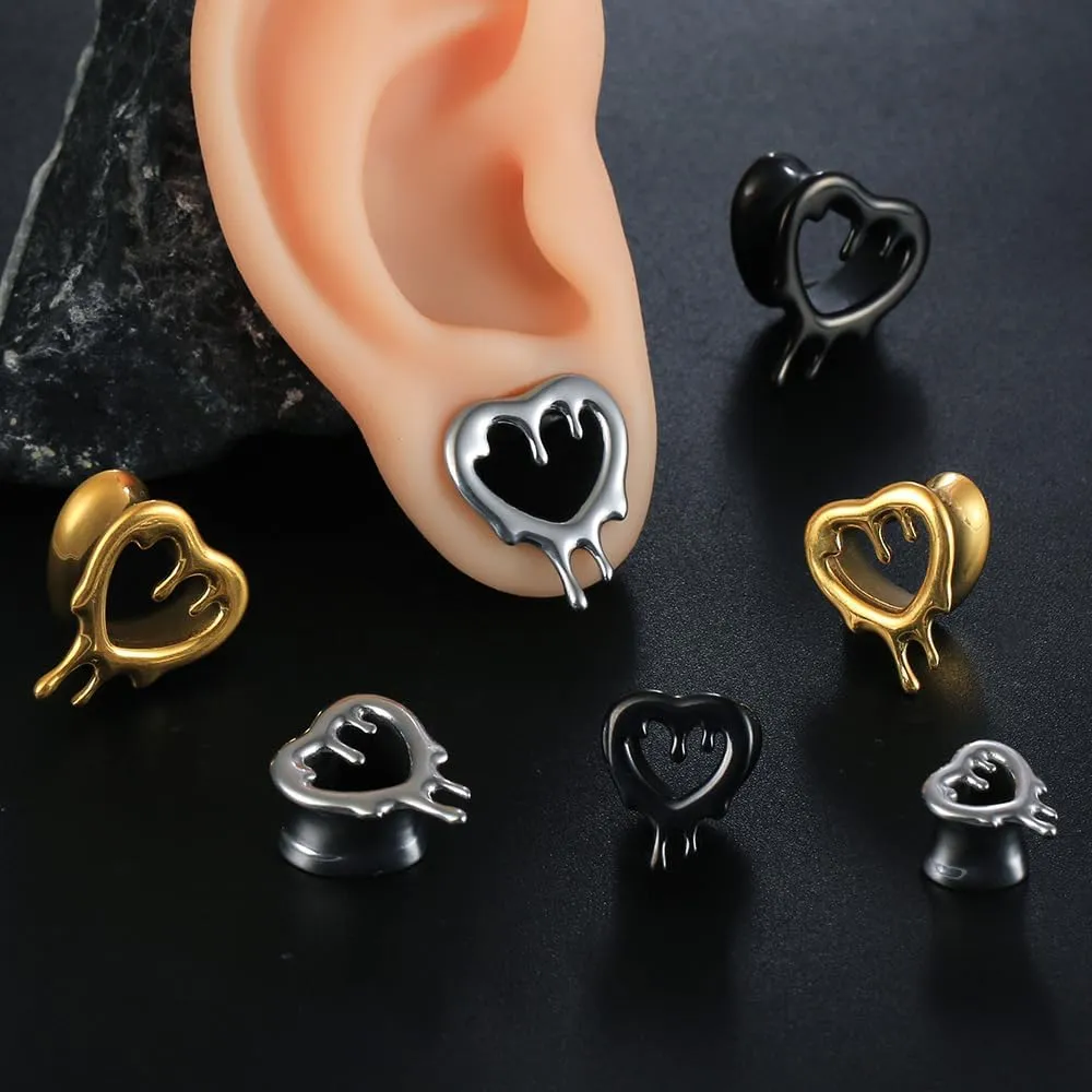 2 Pcs Heart Style Ear Tunnels Gauge Earrings for Women, Size 0g - 1 inch Ear Plugs Gauges for Ears, Water Drops Design Hypoallergenic Stainless Steel Ear Gauges Body Jewelry