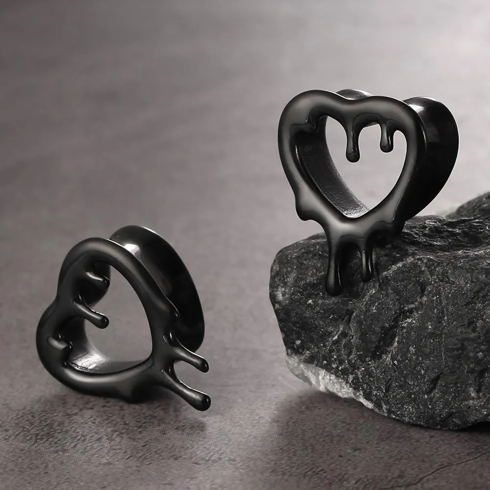 2 Pcs Heart Style Ear Tunnels Gauge Earrings for Women, Size 0g - 1 inch Ear Plugs Gauges for Ears, Water Drops Design Hypoallergenic Stainless Steel Ear Gauges Body Jewelry