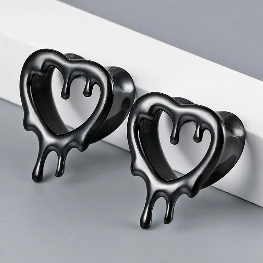 2 Pcs Heart Style Ear Tunnels Gauge Earrings for Women, Size 0g - 1 inch Ear Plugs Gauges for Ears, Water Drops Design Hypoallergenic Stainless Steel Ear Gauges Body Jewelry
