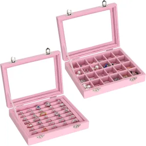 2 PIECES Jewelry Ring Earring Organizer Display Tray, Velvet Small Jewelry Ring Stud Earring Necklace Bracelet Pendant Holder Case Box with Transparent lid (Pink)