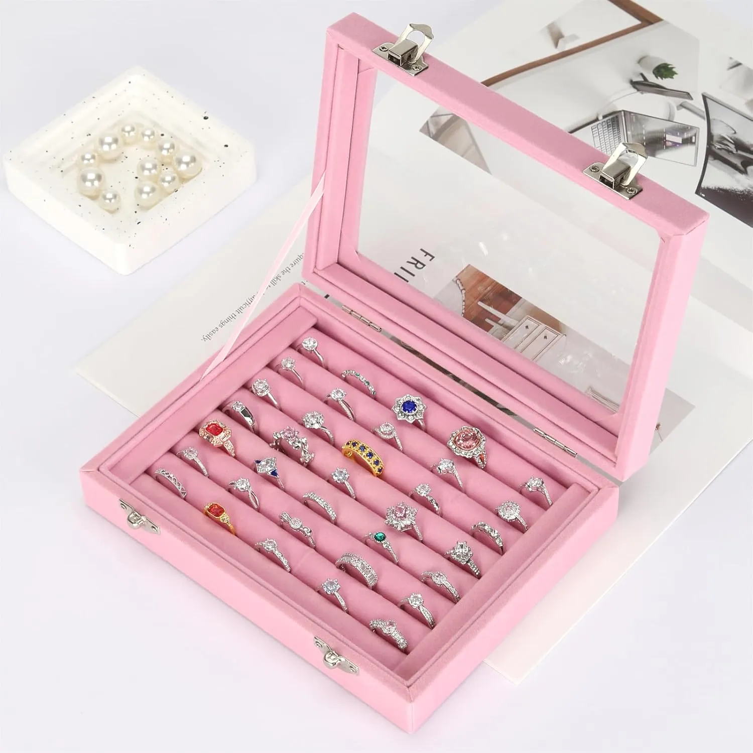 2 PIECES Jewelry Ring Earring Organizer Display Tray, Velvet Small Jewelry Ring Stud Earring Necklace Bracelet Pendant Holder Case Box with Transparent lid (Pink)