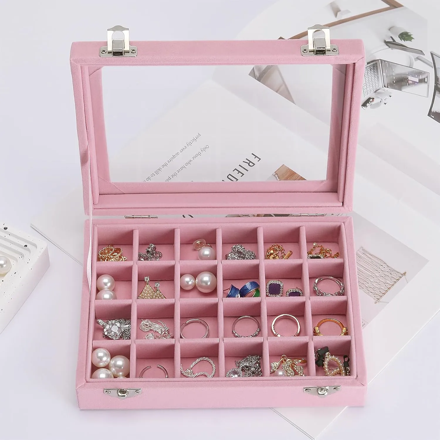 2 PIECES Jewelry Ring Earring Organizer Display Tray, Velvet Small Jewelry Ring Stud Earring Necklace Bracelet Pendant Holder Case Box with Transparent lid (Pink)
