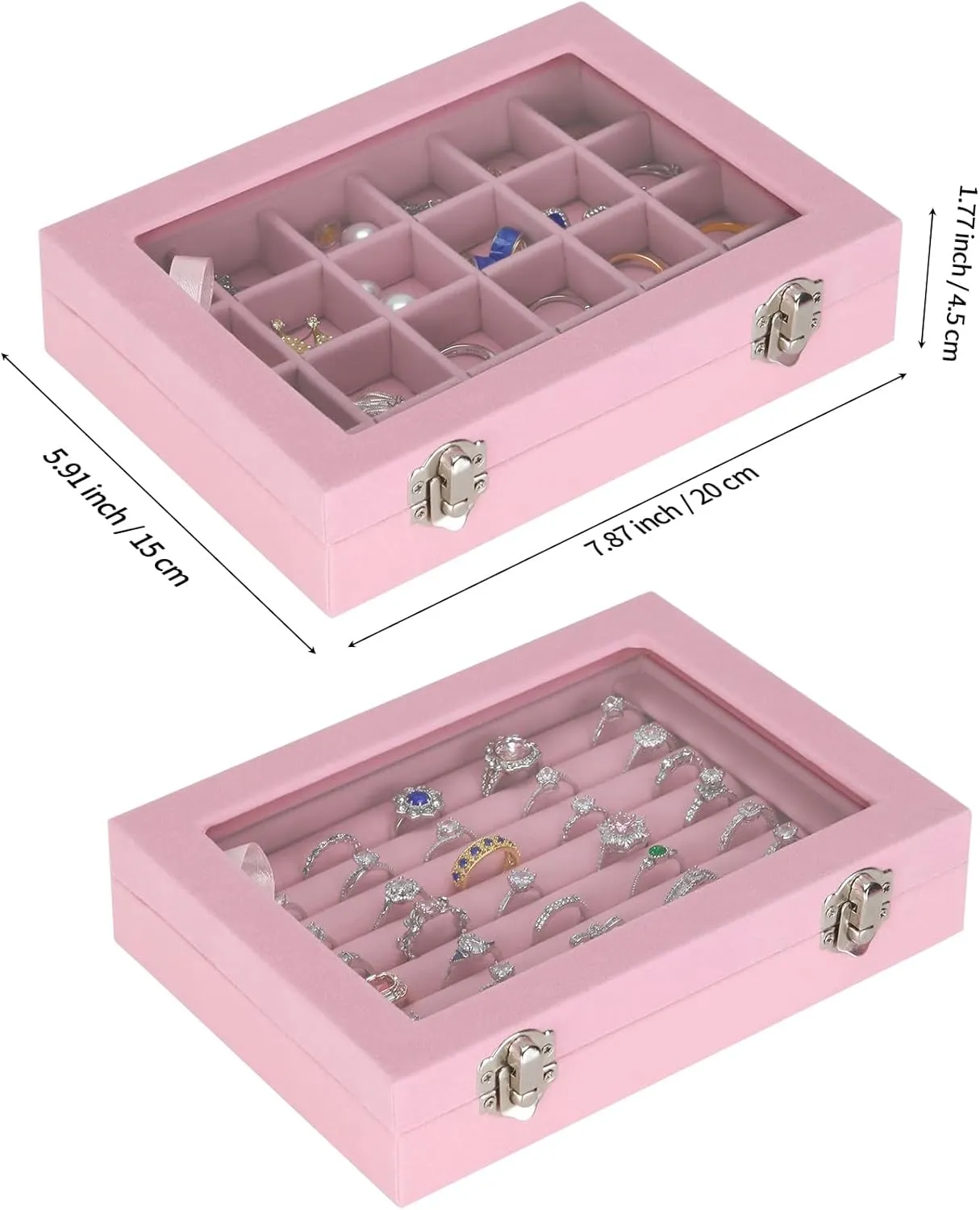 2 PIECES Jewelry Ring Earring Organizer Display Tray, Velvet Small Jewelry Ring Stud Earring Necklace Bracelet Pendant Holder Case Box with Transparent lid (Pink)