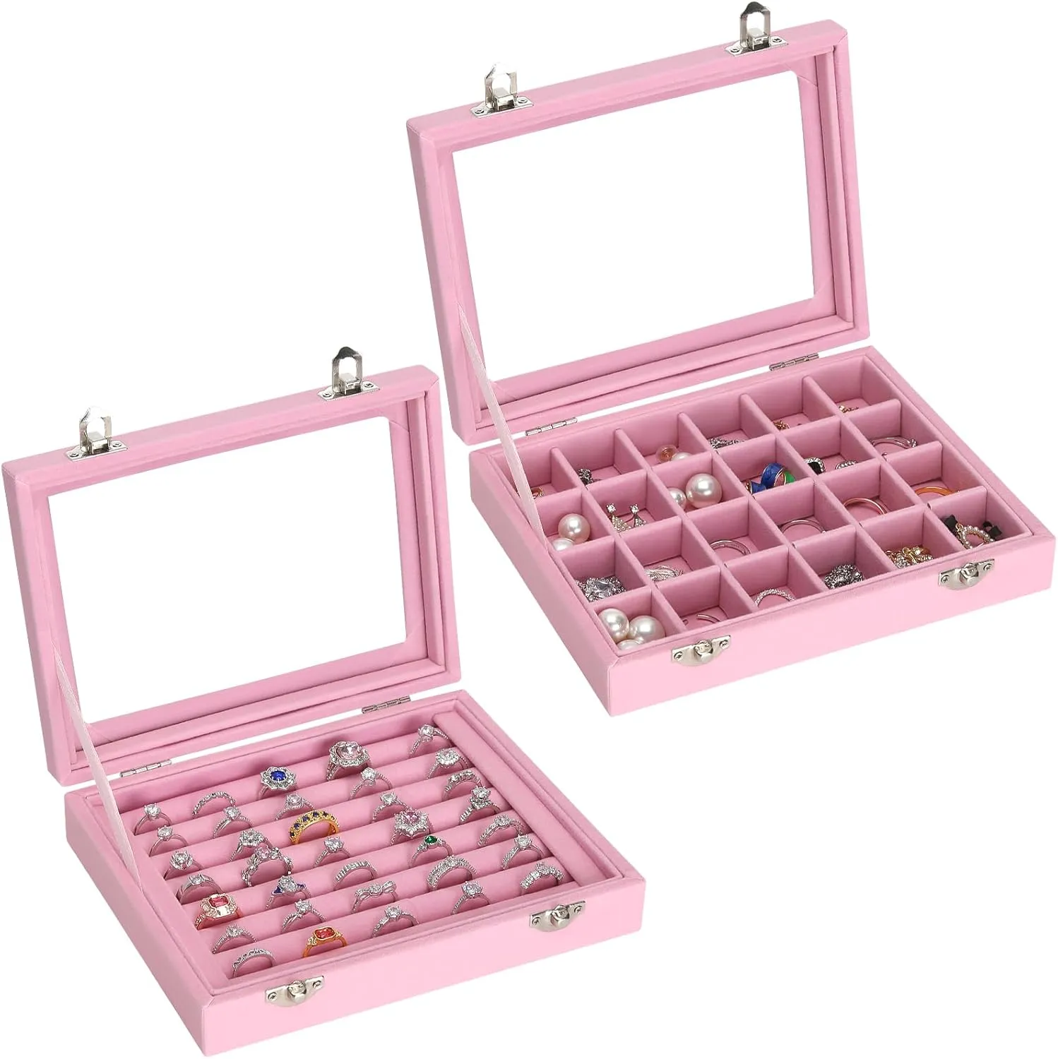 2 PIECES Jewelry Ring Earring Organizer Display Tray, Velvet Small Jewelry Ring Stud Earring Necklace Bracelet Pendant Holder Case Box with Transparent lid (Pink)
