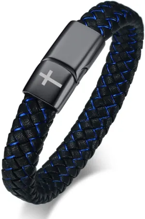 2-Tone Blue Braided Leather Cuff Bangle Bracelet Stainless Steel Clasp Faith Cross Religious Christian Wristband for Men Gift, Christian Jewelry Gift